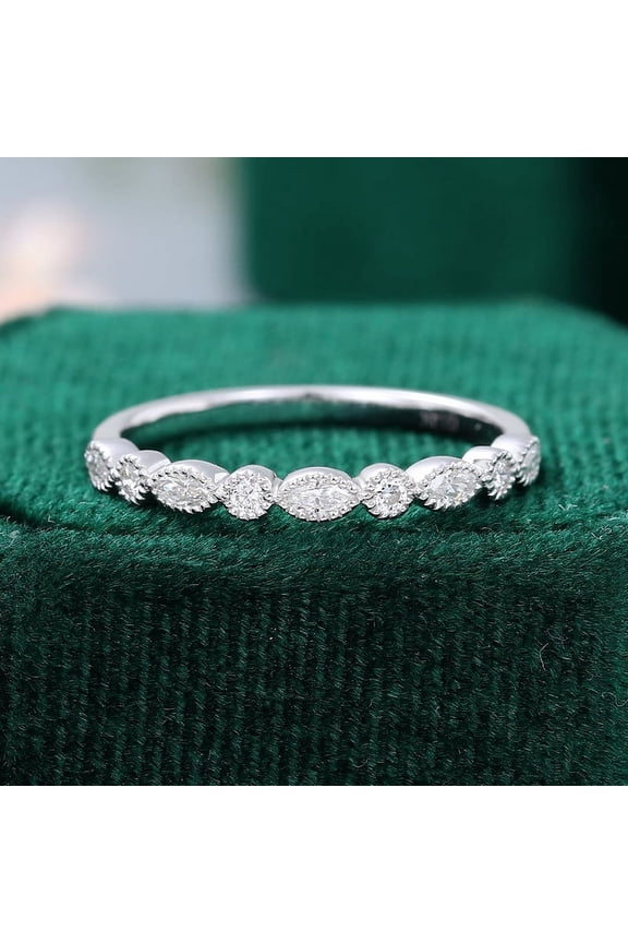 Cow Jewel Art Deco Inspired Half Eternity Wedding Band - 14K White Gold - Milgrain Antique Stacking Bridal Ring - Vintage Style Matching Band