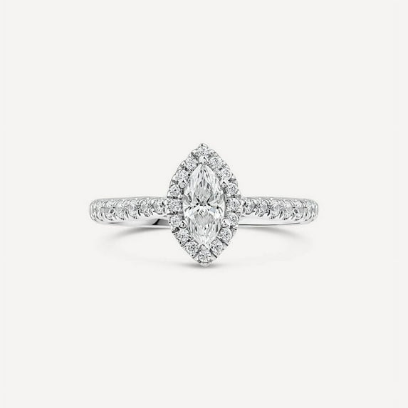 Cow Jewel Marquise Cut 1.5 Ct Lab Diamond Ring - 14K White Gold Engagement Solitaire Ring - Prong Set Halo with Accent Wedding Ring for Her