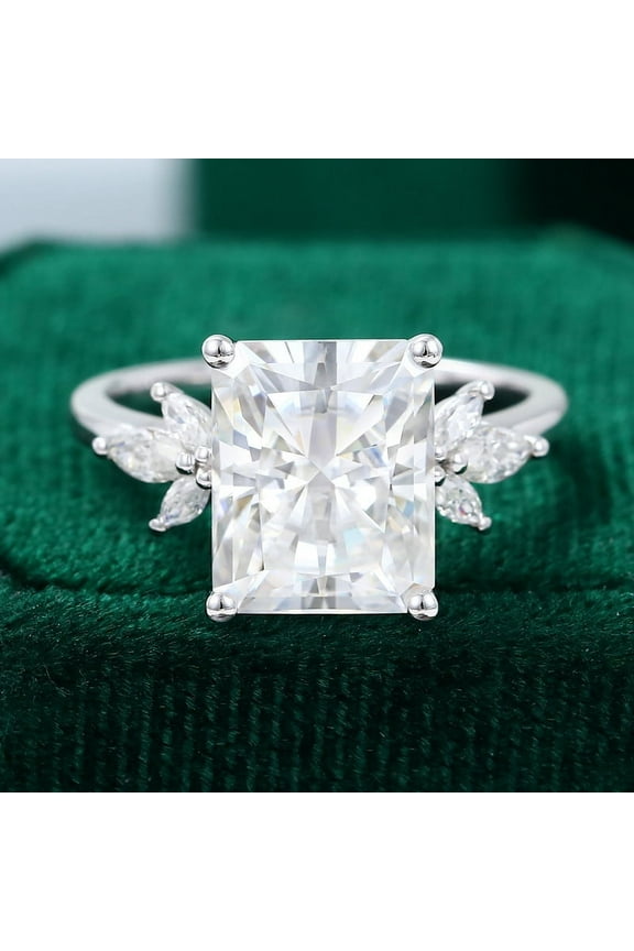 Cow Jewel Radiant Cut 2.3 Ct Excellent Diamond Ring - 14K White Gold Ring for Women - Solitaire with Accent Stones - Multi-Stone Engagement Style