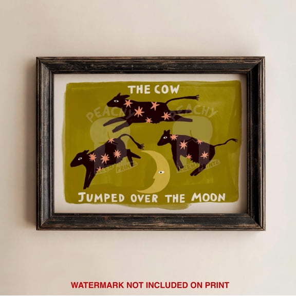 Cow Jumped Over The Moon Print, Nursery Rhyme Decor, Unframed Paper Poster 8x10in