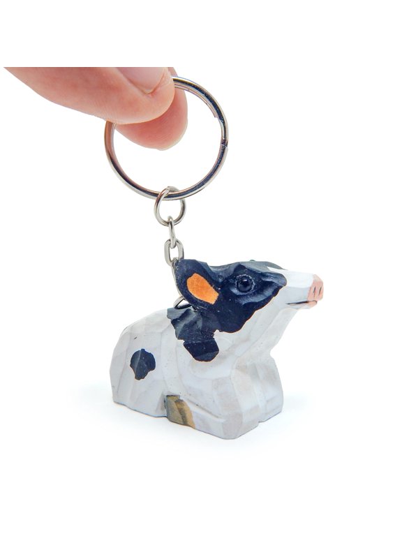 Cow Keychain Ring Hook Clip Charm Miniature Wood Mini Figurine Small Animal