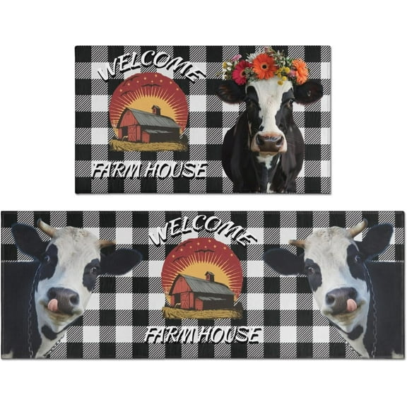 Cow Kitchen Rugs Sets of 2, Farmhouse Washable Anti Fatigue Kitchen Runner Mats for Floor, Non Slip Comfort Standing Holiday Decor Mat for Sink, Laundry, Office 17"x 47"+17"x 30"