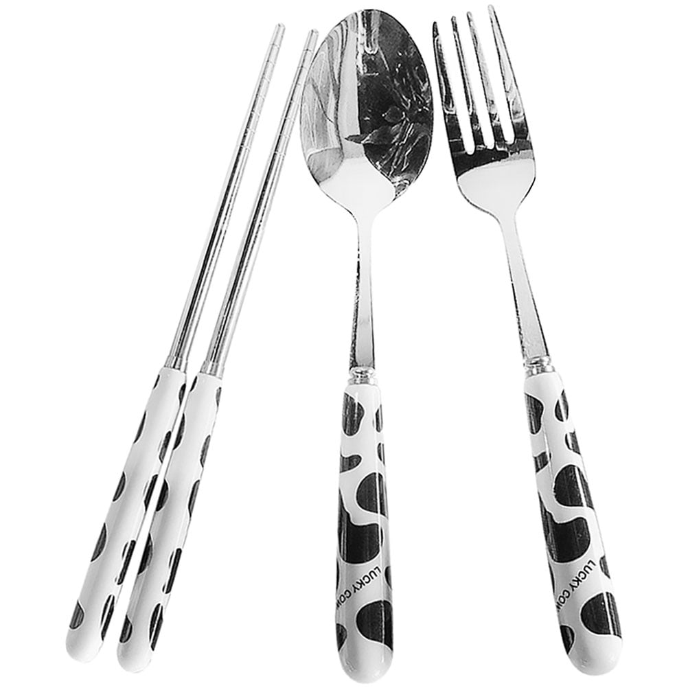 Cow Knife and Fork Set Camping Silverware Portable Utensils Suits Kids Travel with Case Child
