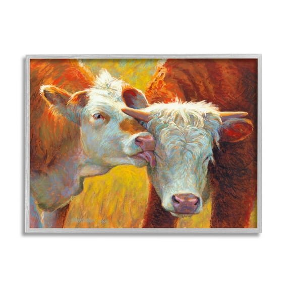 Cow Licking Farm Animals Animals & Insects Painting Gray Framed Art Print Wall Art