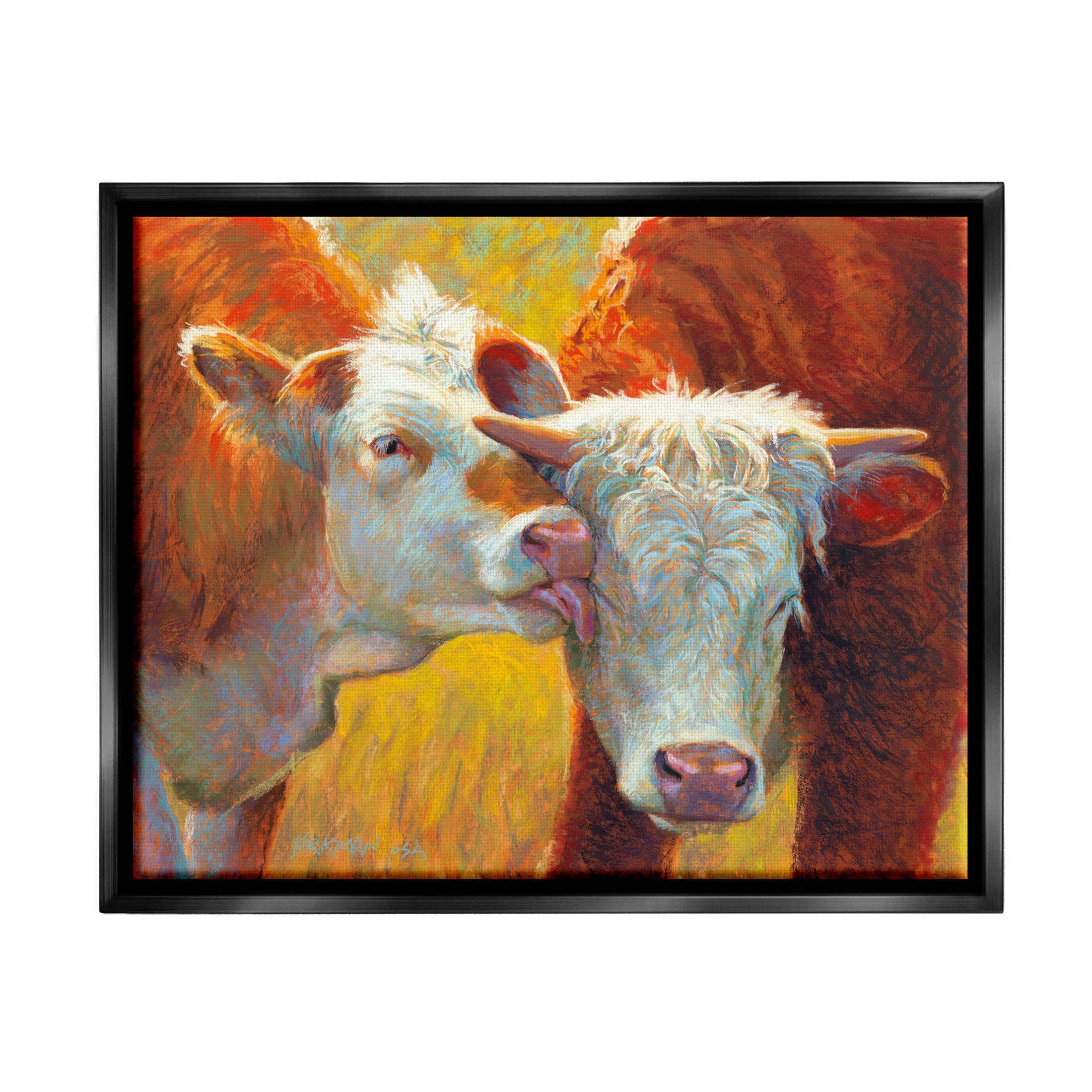 Cow Licking Farm Animals Animals & Insects Painting Jet Black Framed Art Print Wall Art