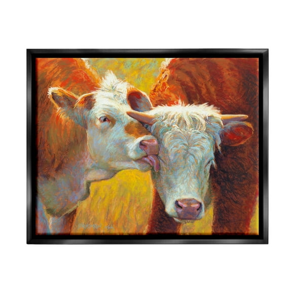 Cow Licking Farm Animals Animals & Insects Painting Jet Black Framed Art Print Wall Art