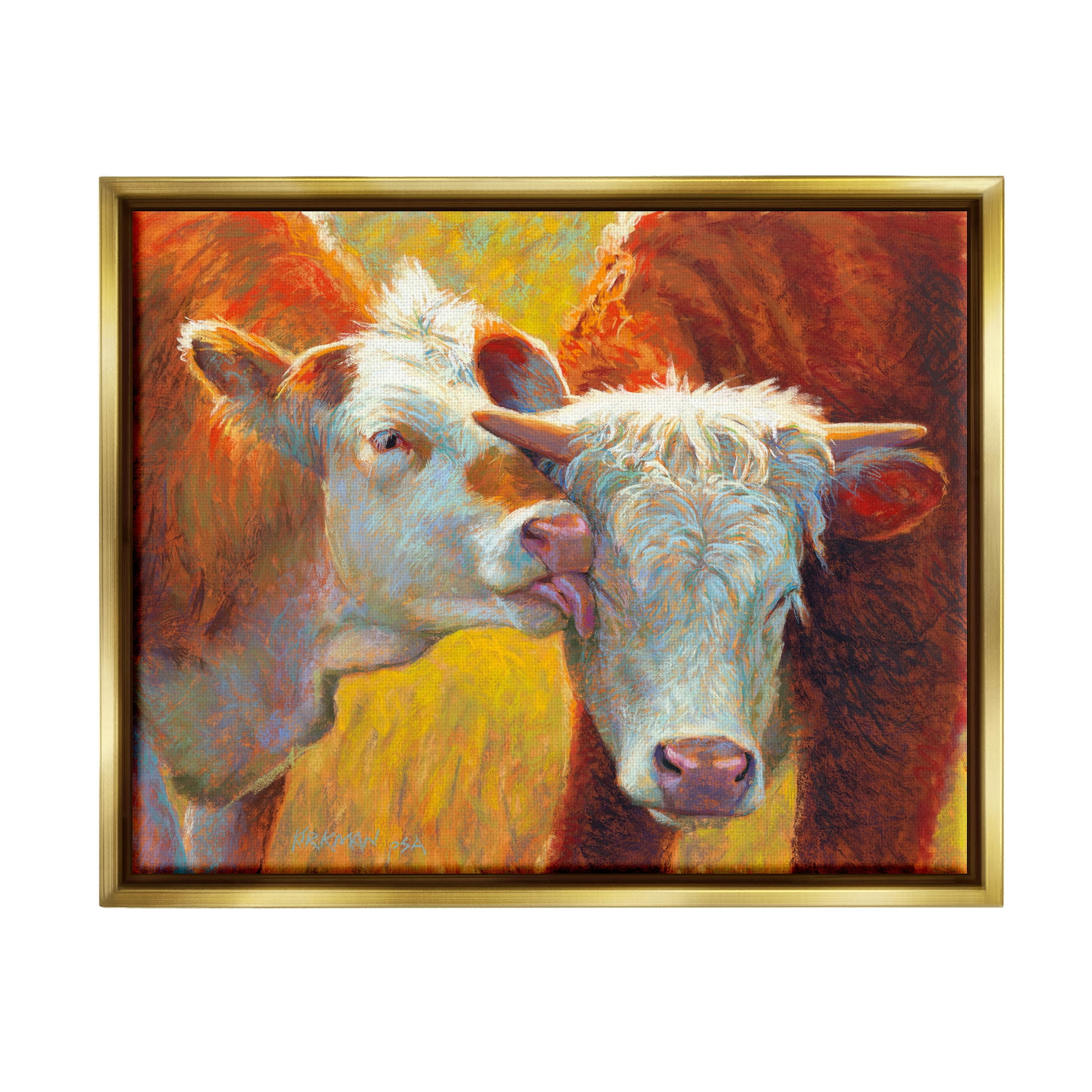 Cow Licking Farm Animals Animals & Insects Painting Metallic Gold Framed Art Print Wall Art