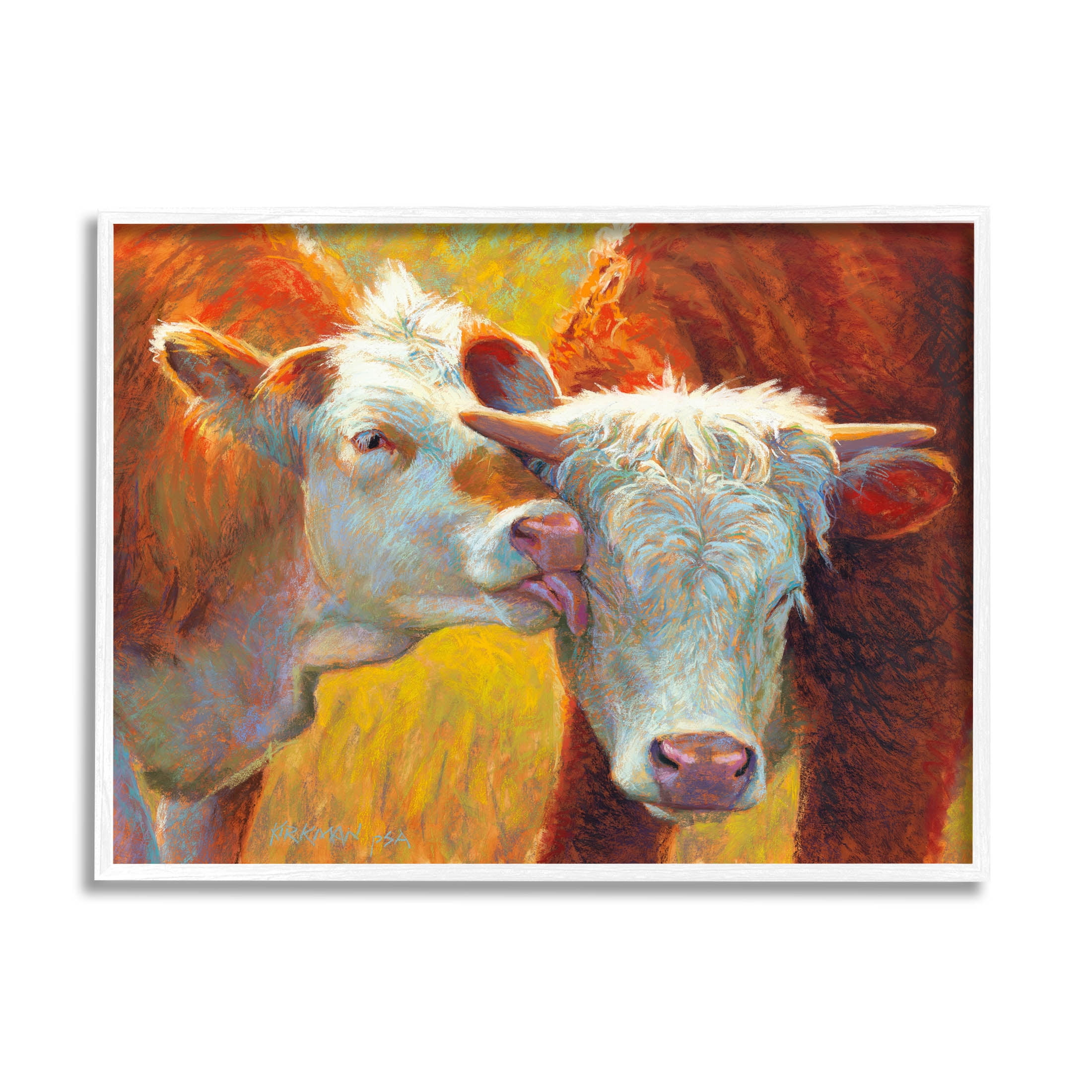 Cow Licking Farm Animals Animals & Insects Painting White Framed Art Print Wall Art