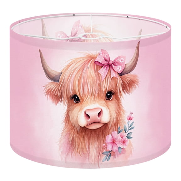 Cow Linen Drum Lampshades Adorable Highland Cow Pink Bow Floral Accent 13"x13"x10" Light Shade for Table Lamps Floor Lamps Drum Lamp Shades Lampshade Replacement Assembly Required