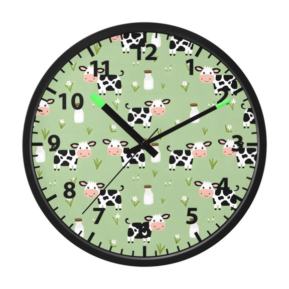 Cow Milk Pattern Wall Clock 12 Inch Voice Activated Night Light Silent Non Ticking