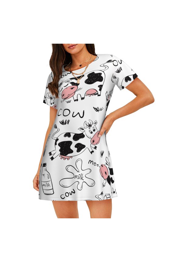 Cow Milk Pattern Women'S Nightgown Sleepwear Short Sleeves Nightshirt Loose Comfy Pajama Large
