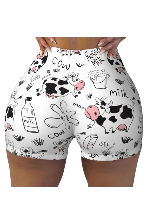 Cow Milk Pattern Workout Shorts For Women Scrunch Butt Lifting Yoga Gym Seamless Booty Biker Shorts Medium
