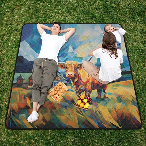 Cow Mountains Grass Houses Beach Blanket Outdoor Picnic Blanket 78"x 78" Waterproof Foldable for Beach Camping Travel Hiking Grass Lawn Park