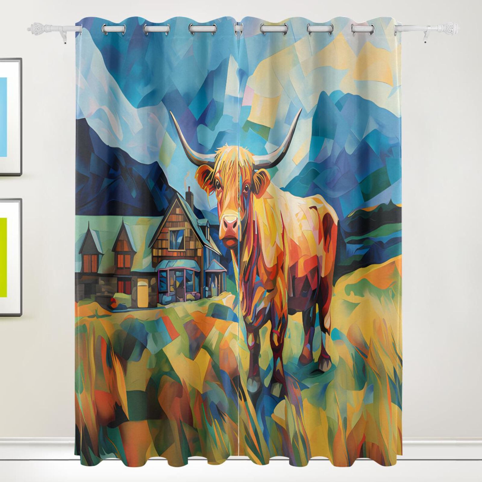 Cow Mountains Grass Houses Black Out Curtains 72 Inch Length Curtains for Sliding Glass Doors Bedroom Living Room 2 Pack