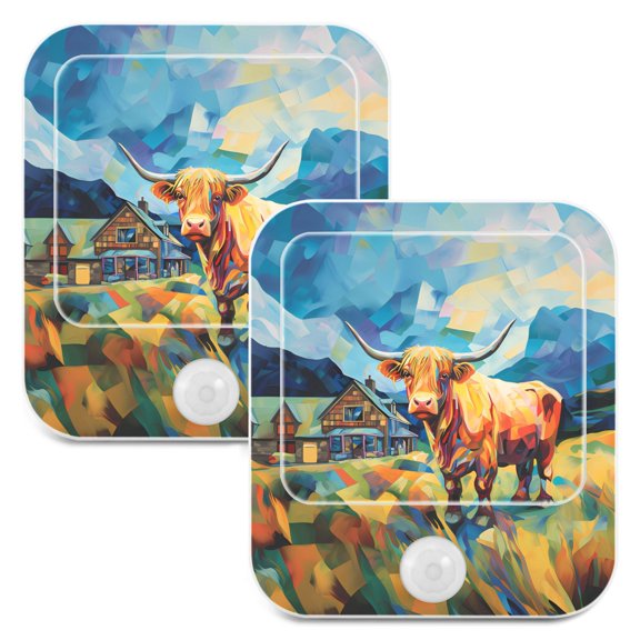 Cow Mountains Grass Houses Night Lights Plug into Wall LED with Auto Light Sensor Warm Light for Kids Hallway Bedroom Living Room Kitchen Bathroom Set of 2