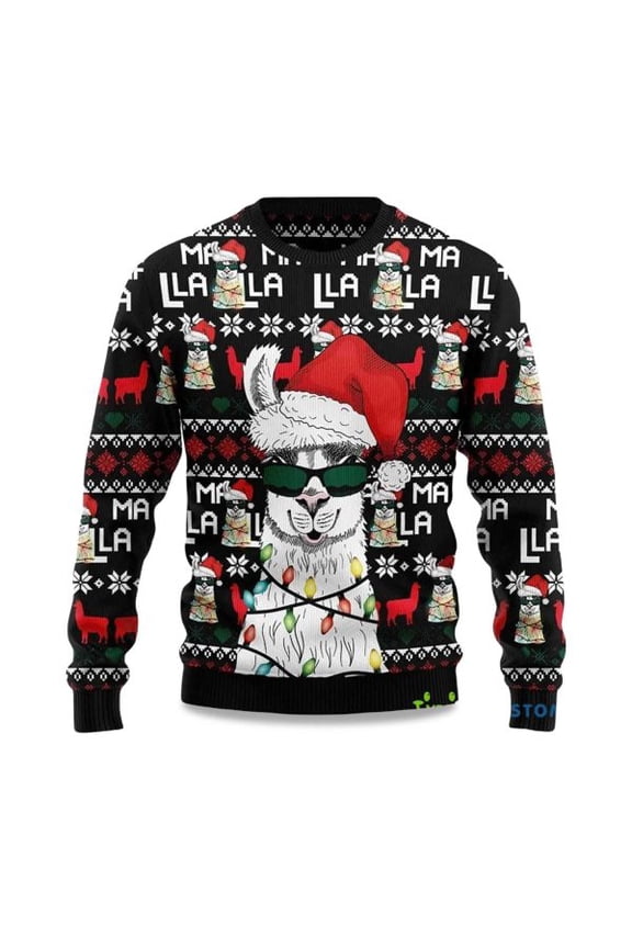 2025 Llama Christmas Light Ugly Christmas Sweater