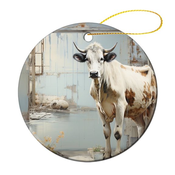 Cow Painting with Barn Christmas Ceramic Ornament Farm Animal Two Sides Printed Christmas Ornaments Christmas Tree Ceramic Ornament Decoration Ornament Xmas Present