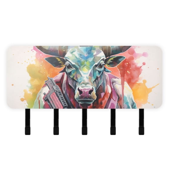 Cow Painting Mail Holder Organizer Wall Mount with Shelf Key Holder Key Rack with 5 Key Hooks for Wall Decorative