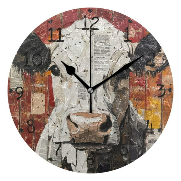 Cow Painting on Red Wood Board Round Wall Clock Silent Analog Battery Operated Black Pointer Home Decor 9.84" Diameter