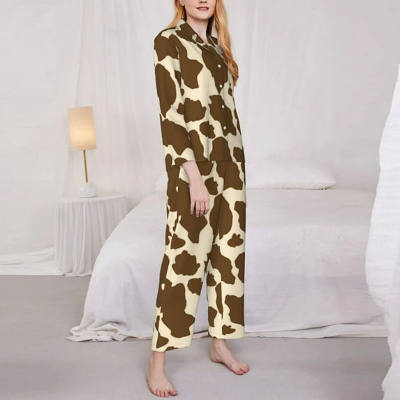 Cow Pajamas Lady Animal Print Trendy Leisure Sleepwear Autumn 2 Pieces Vintage Oversize Graphic Pajamas Set