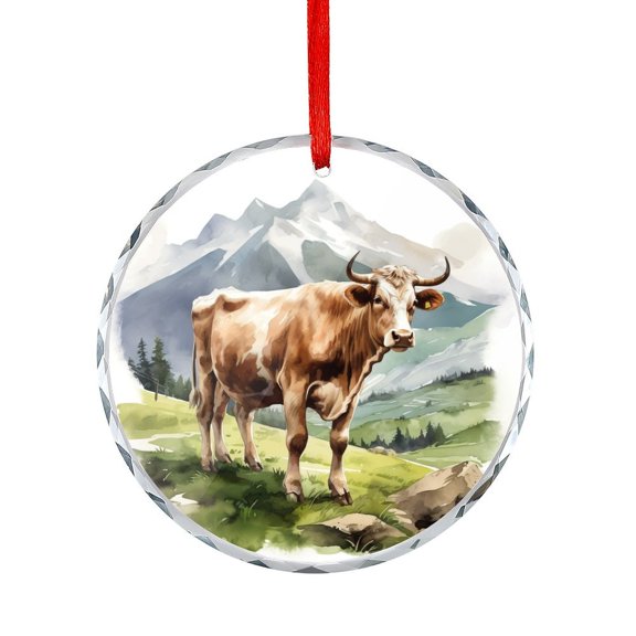 Cow On A Pasture With Mountains Crystal Glass Christmas Ornament Ornaments for Teacher Coworker Boss Friend Mentors Cow Lovers Christmas Ornaments 2025