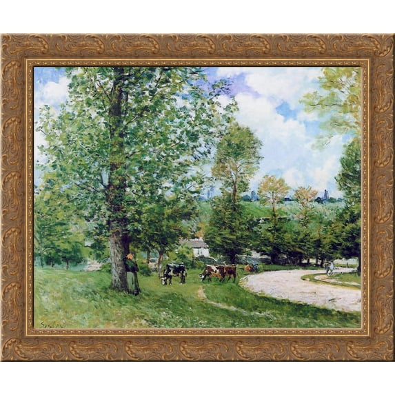 Cow Pasture near Louveciennes 24x20 Gold Ornate Wood Framed Canvas Art by Alfred Sisley