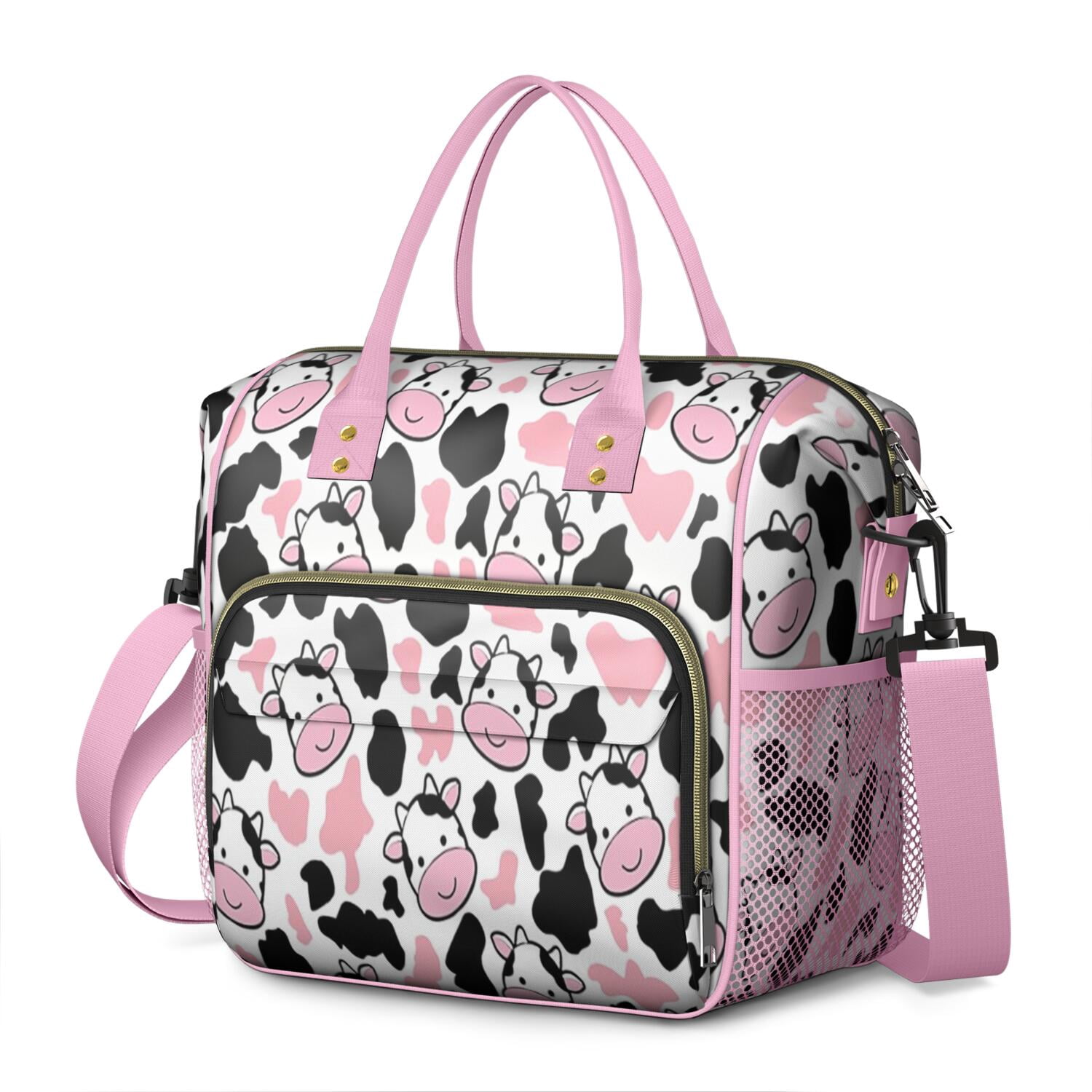 Cow Pattern Black Pink Lunch Box for School,Insulated Large,Lunch Bag,Loncheras Para Mujer,Leakproof Lunch Bag for School,Beach,Travel,Picnic,Camping