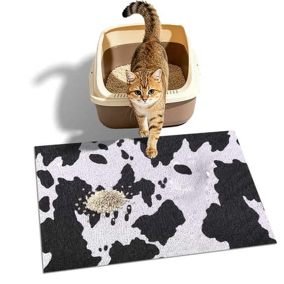 Cow Pattern Cat Litter Mat, 23"x15" Black. Waterproof, Non-Slip, Thick, Traps Litter, Washable, Stops Tracking. Horizontal,Black