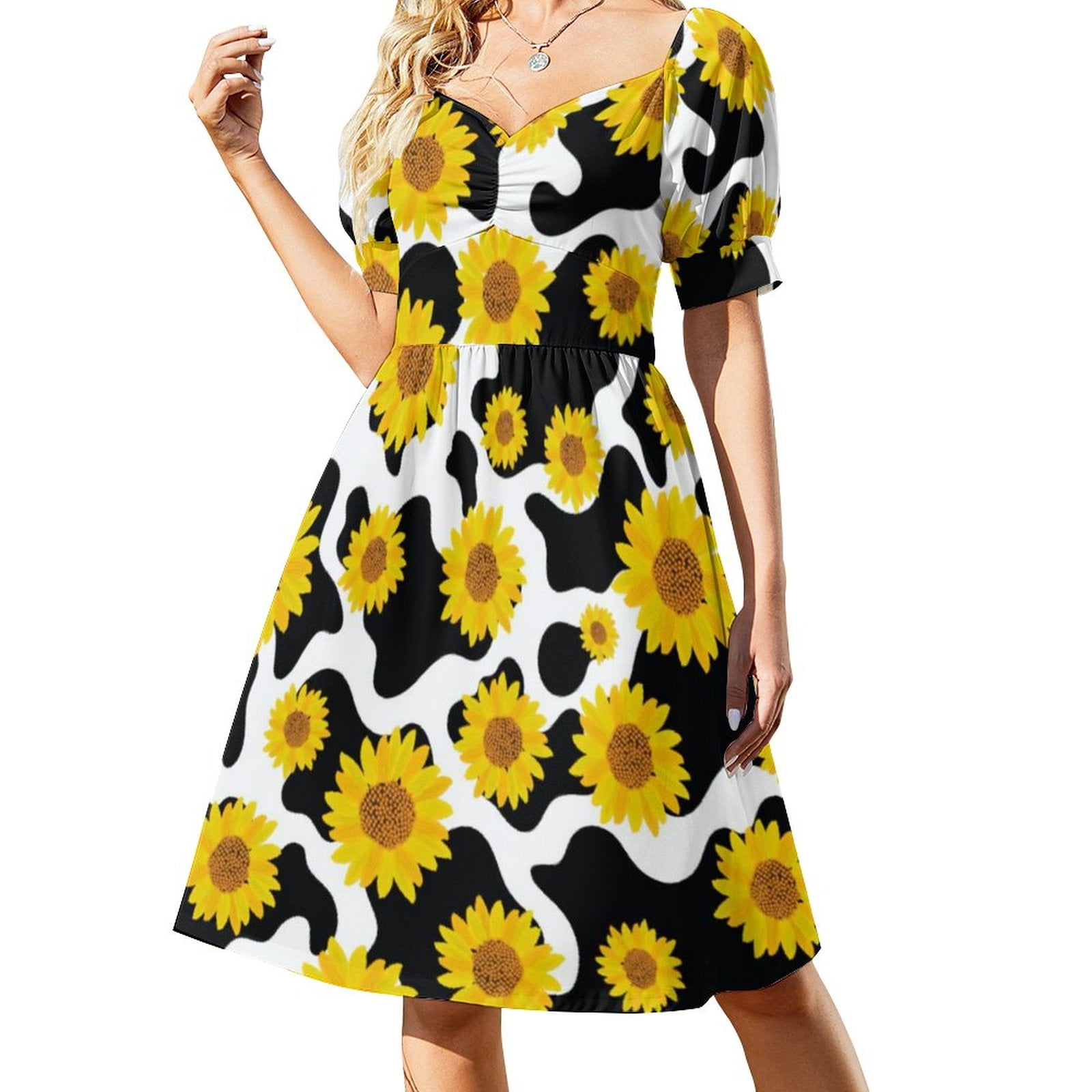 Cow Pattern Dress Sexy V Neck Black Spots Print Modern Dresses Ladies