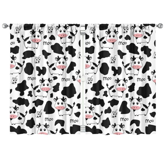 Cow Pattern Kitchen Curtains 2 Pack - Black and White Bull Print, Farmhouse Caf Curtains, Semi-Sheer Window Treatment, 42x63 Inch