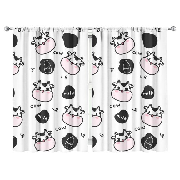 Cow Pattern Kitchen Curtains 2 Pack - Black and White Bull Print, Farmhouse Caf Curtains, Semi-Sheer Window Treatment, 52x84 Inch