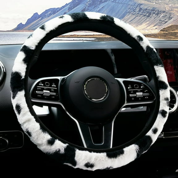 XUKEY Cow Pattern Plush Car Steering Wheel Cover Protector Anti Slip Milk Cow Print Fuzzy Universal 14.5''-15''