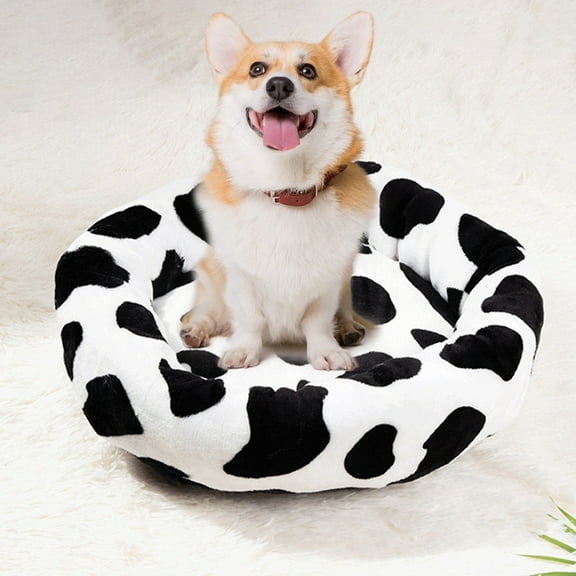 Cow Pattern Winter Warm Pet Kennel, Soft Dog & Cat Sleeping Mat, Cozy Washable Bed for Small Pets, 13.78x13.78in, White