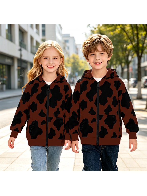Cow Pattern Zip Hooded Jacket for Kids, Loose Fit Front Pocket Sweatshirt, Skin Friendly Knit Fabric for Halloween Costume and Weekend Daily Outfits Wine 130