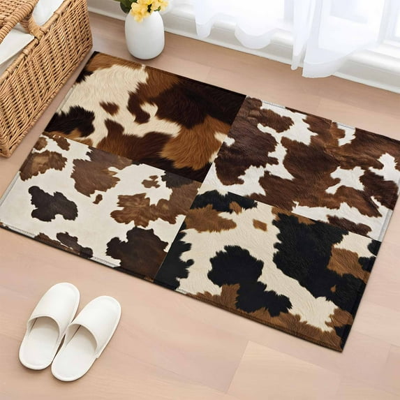 Cow Patterned Bathroom Rug Washable 2x3 Entryway Rug Non Slip Vintage Farmhouse Abstract Country Western Front Door Mat Low Pile Indoor Doormat Throw Floor Carpet for Kitchen Bedroom Entrance