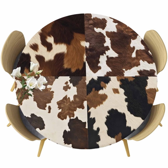Cow Patterned Table Cloth, Round Fitted Tablecloths with Elastic Edge, Vintage Farmhouse Abstract Country Western Wipeable Waterproof Table Cover for Kitchen Wedding 36-44 Inches