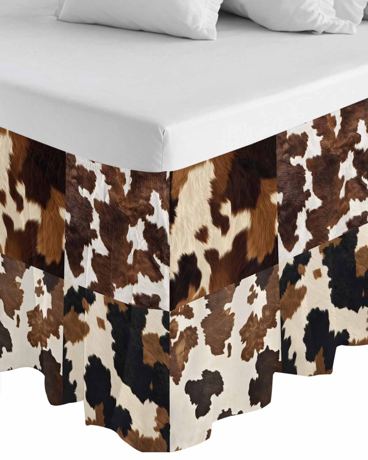 Cow Patterned Wrap Around Bed Skirts for King Bed 16" Drop,Bed Skirt with Adjustable Elastic Belt Dust Ruffle Bed Valance for Bedroom Hotel Vintage Farmhouse Abstract Country Western Bed Frame Cover