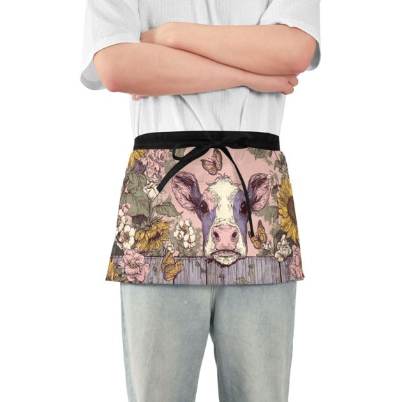 Cow Peek over From Garden Flowers Short Server Apron with 3 Pockets for Unisex Chef Gardening
