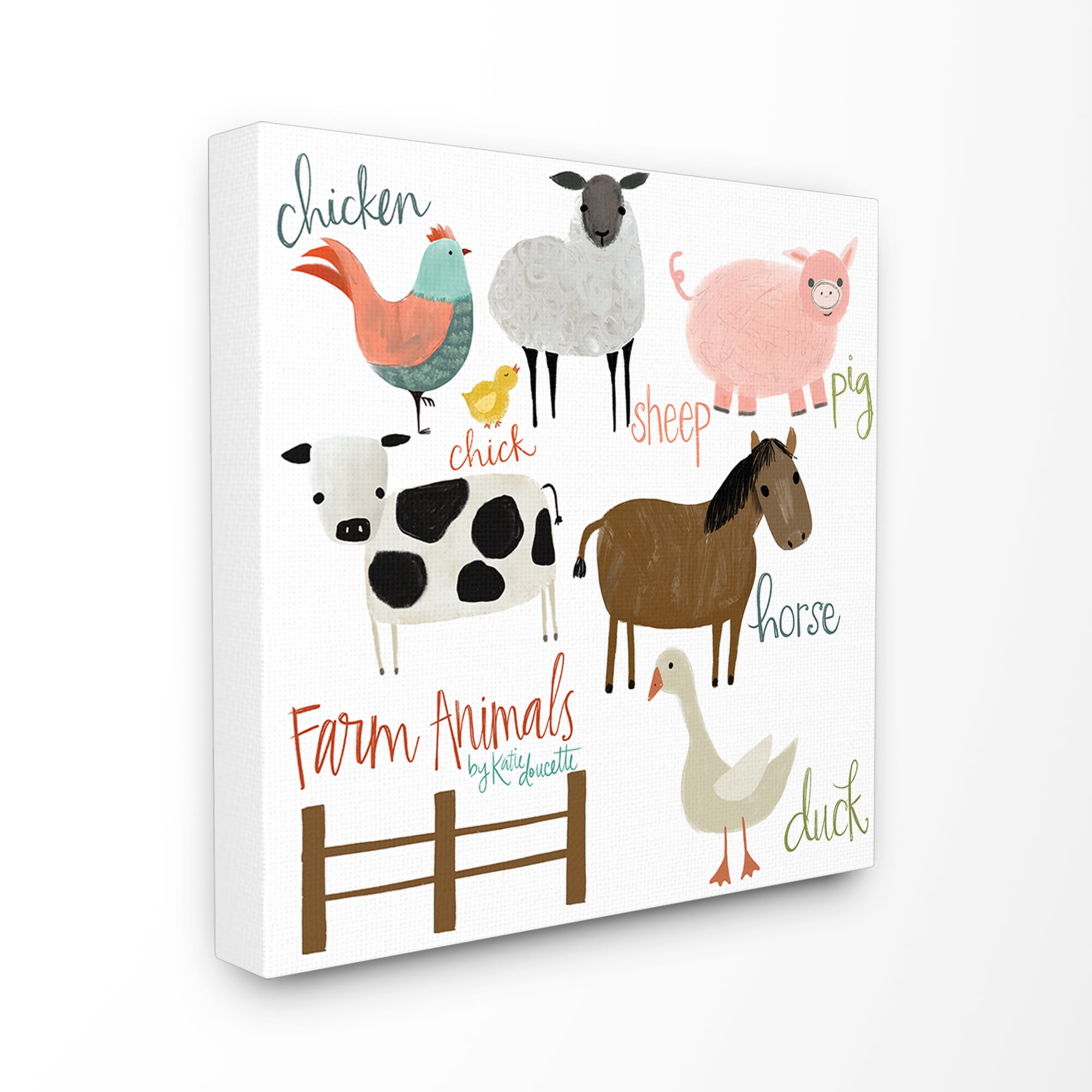 Cow Pig Sheep Horse Chicken and Duck Farm Animal Illustrations with Hand Lettering Stretched Canvas Wall Art, 24 x 24