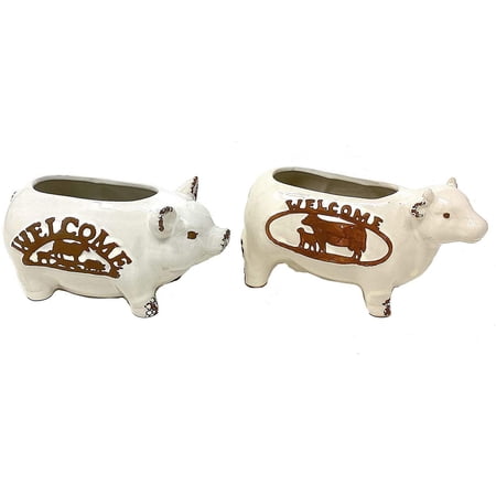 Cow Pig Welcome Planters Set Figurines Ceramic Sculpture Indoor Outdoor 7" x 4"