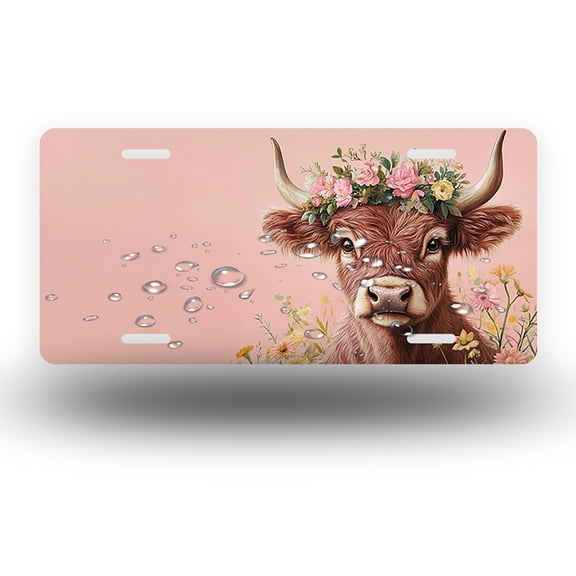 Cow with Pink Flower Crown on Pink Background Front License Plate,Metal License Plate,Funny Standard Plates Personalized Novelty Decorative For Men/Women/Boys/Girls Car 6×12 Inch
