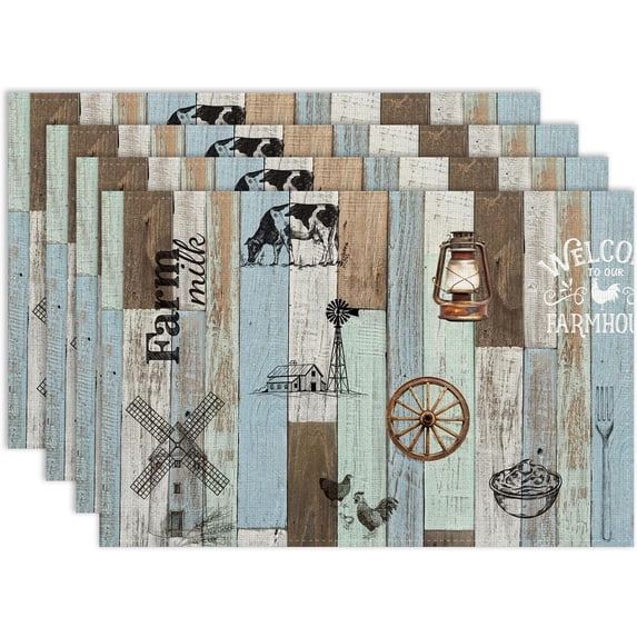 Cow Placemat Set of 4, 12x18 Inch Rustic Farmhouse Blue Wooden Animals Rooster Chickenr Cow Print Western Farm Barn Spring Coffee Table Mats Home Outdoor Party Kitchen Dining Table Decoration