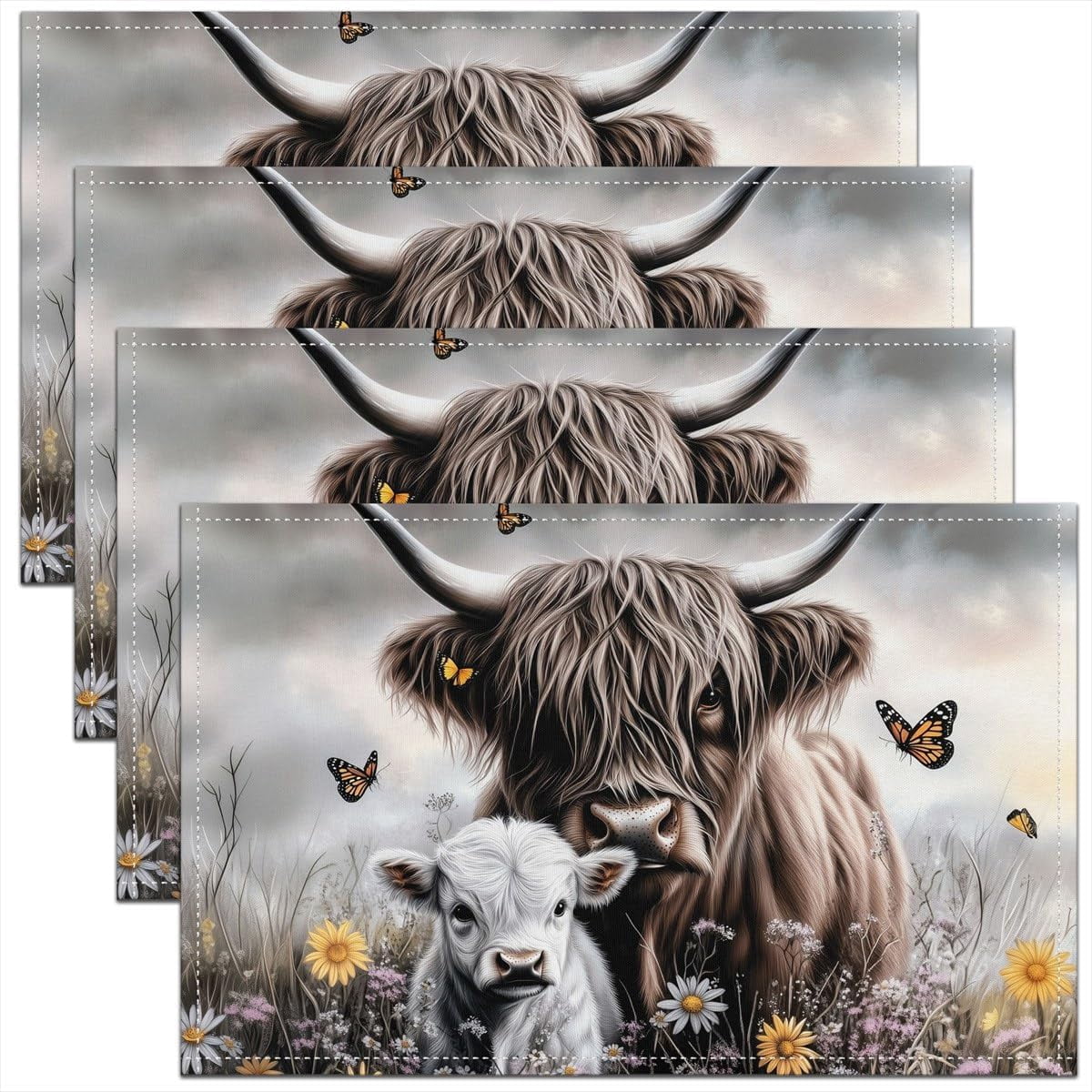 Bull Shape Mat Cow Placemats Longhorn Bull Cattle Place Mat, Jungle Flowers Daisy ...