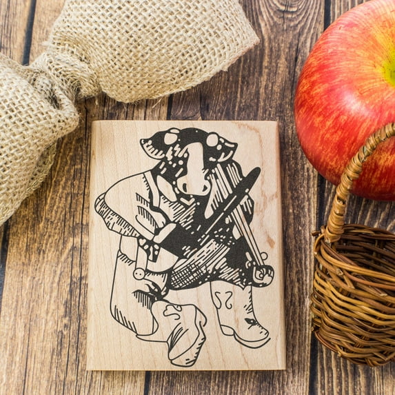 Cow Playing Fiddle Art Rubber Stamp, Laser Engraved Craft Stamp on Wood Mounted Block, Size 1-3/4” x 1-3/4”, Made in USA
