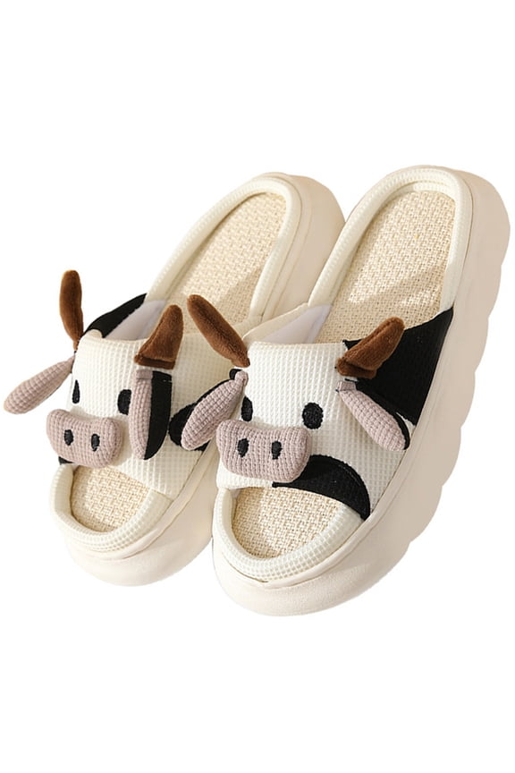 Cow Plush Slipper Mules, Women's Cute Cow Plush Slipper Mules Warm Open Toe Fluffy House Slippers, Comfort Thick Platform Indoor Clog Sliders, Thermal Non Slip Winter Bedroom Slippers, White 5.5
