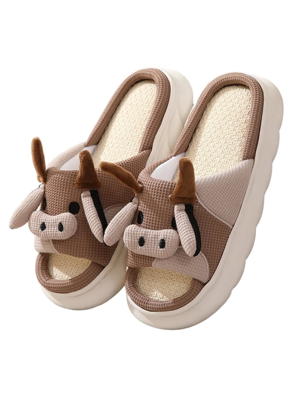 Cow Plush Slipper Mules, Women's Cute Cow Plush Slipper Mules Warm Open Toe Fluffy House Slippers, Comfort Thick Platform Indoor Clog Sliders, Thermal Non Slip Winter Bedroom Slippers, Coffee 5.5