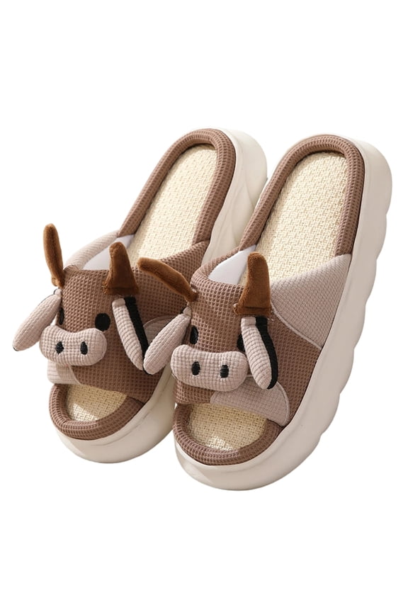 Cow Plush Slipper Mules, Women's Cute Cow Plush Slipper Mules Warm Open Toe Fluffy House Slippers, Comfort Thick Platform Indoor Clog Sliders, Thermal Non Slip Winter Bedroom Slippers, Coffee 5.5