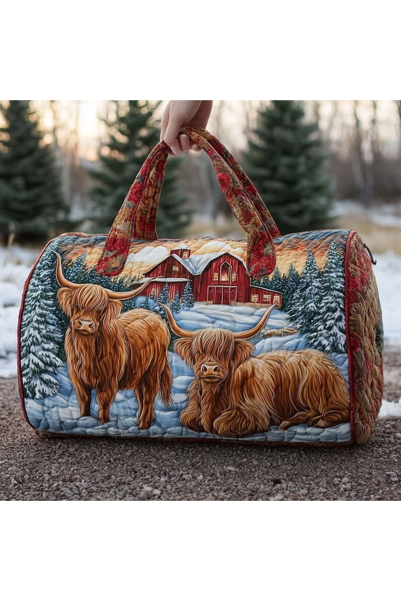 Upgrade Cow Portable Quilted Embroidered Travel Bag, Polyester Water Resistant Duffle Bag, Multi-Pocket Handheld Tote for Weekend Getaway M