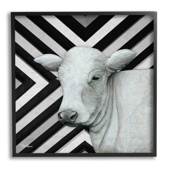 Cow Portrait Stripes Pattern Animals & Insects Graphic Art Black Framed Art Print Wall Art