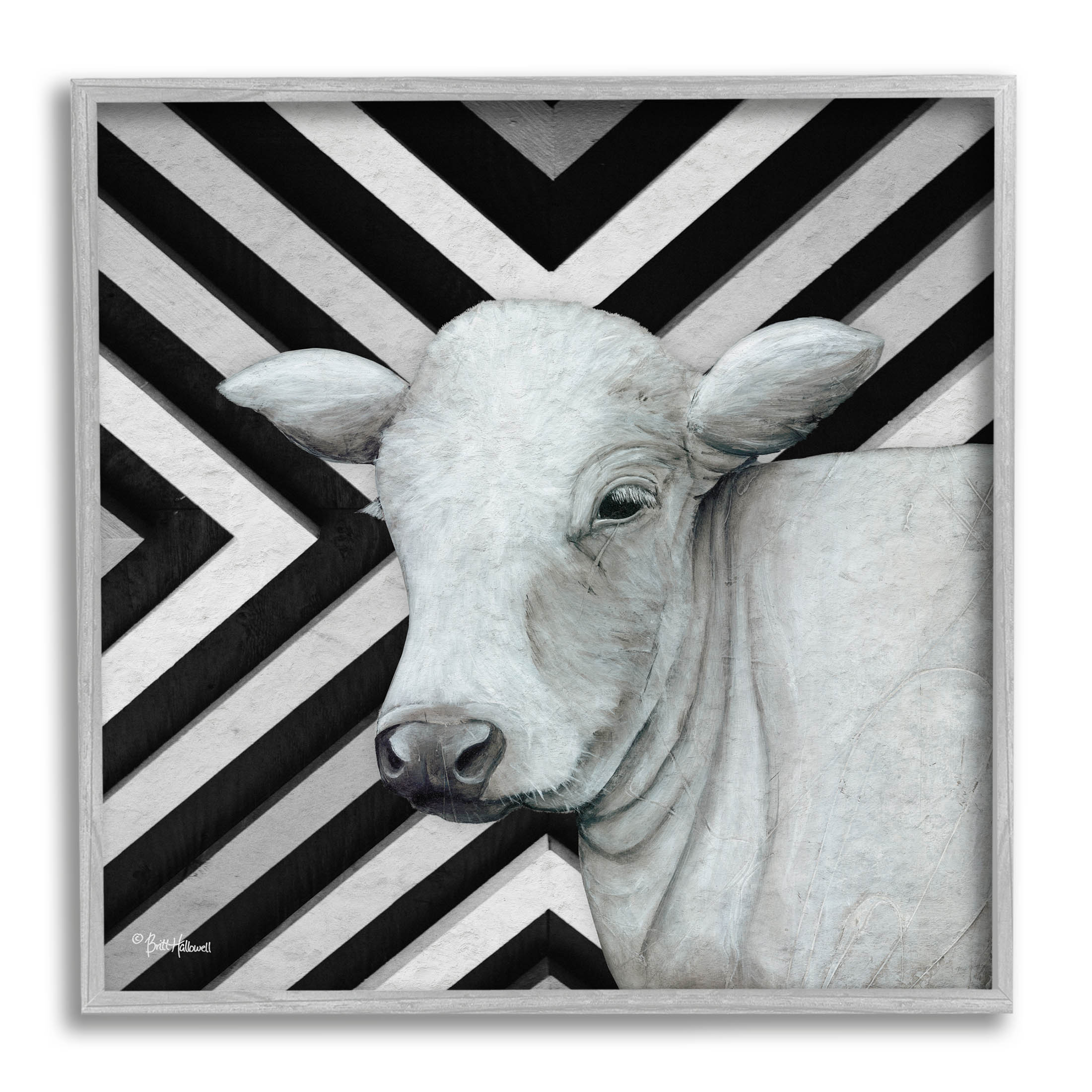 Cow Portrait Stripes Pattern Animals & Insects Graphic Art Gray Framed Art Print Wall Art